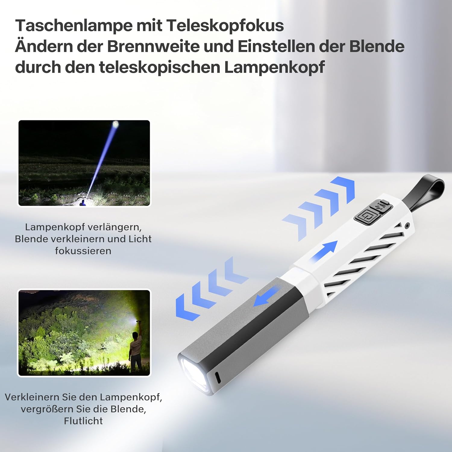 Rechargeable LED Torch with Powerful Bulb, Retractable and Zoomable Portable Mini Torch, 3 Brightness Levels, 3 Light Modes, Suitable for Outdoor Adventures, Night Activities [Energy Class F]