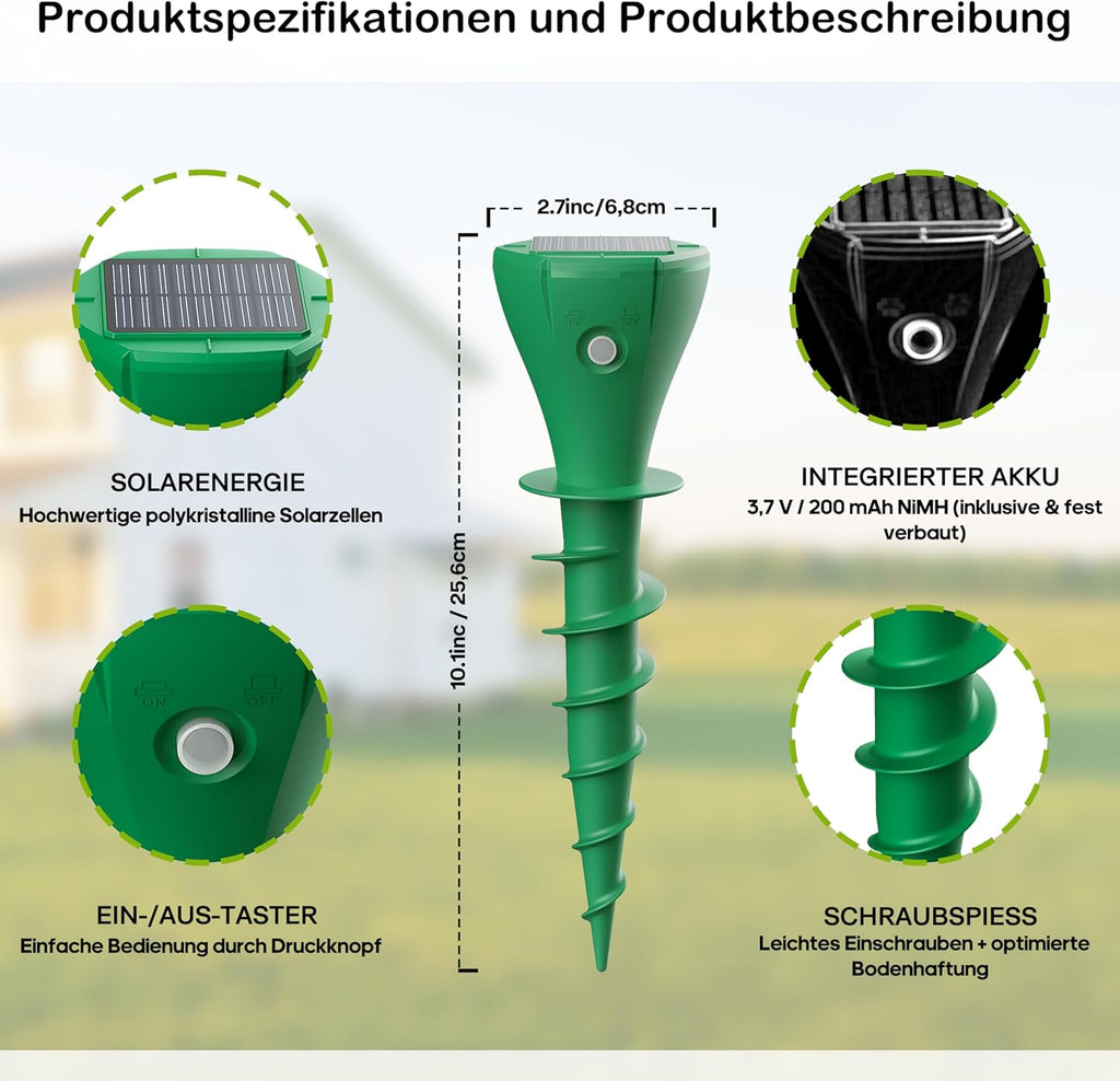 Solar Mole Repellent, Pack of 4, Ultrasonic Vole & Mole Repellent, Solar Powered, Waterproof, Environmentally Friendly, for Garden & Lawn