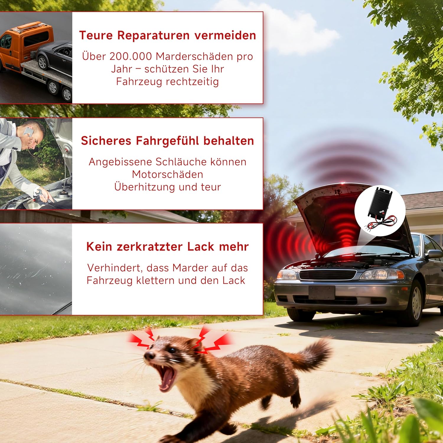 Marten Deterrent Car 12 V - Ultrasonic Marten Repellent with Direct Connection to Car Battery and Automatic Operation - Marten Deterrent for Car and Engine Compartment