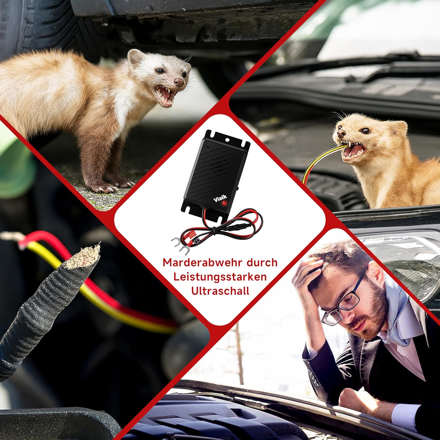 Marten Deterrent Car 12 V - Ultrasonic Marten Repellent with Direct Connection to Car Battery and Automatic Operation - Marten Deterrent for Car and Engine Compartment