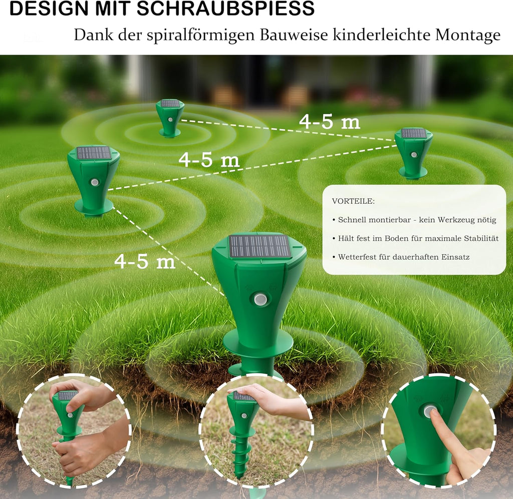 Solar Mole Repellent, Pack of 4, Ultrasonic Vole & Mole Repellent, Solar Powered, Waterproof, Environmentally Friendly, for Garden & Lawn